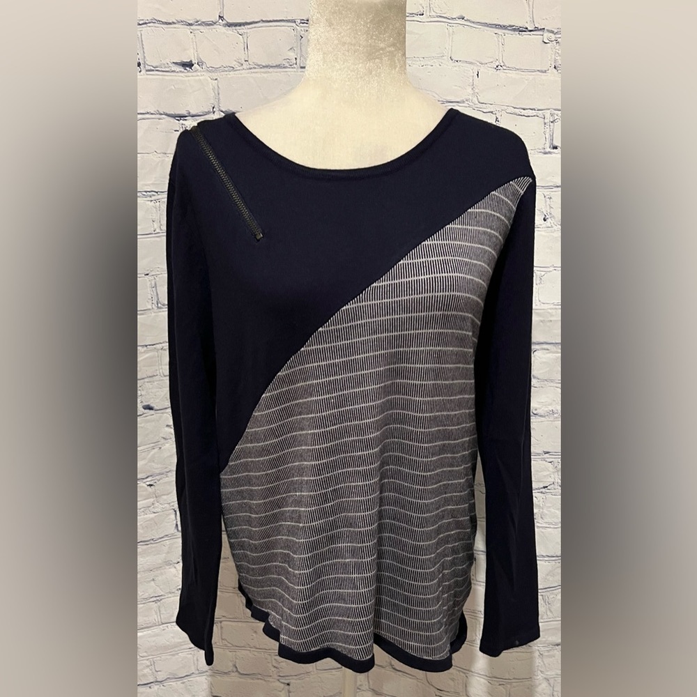 CAROL ROSE Women's Striped Asymmetrical Blue Long Sleeve Top Blouse Top Medium